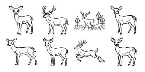 Graphic black silhouettes of wild deers  male Or female and roe deer On White Background