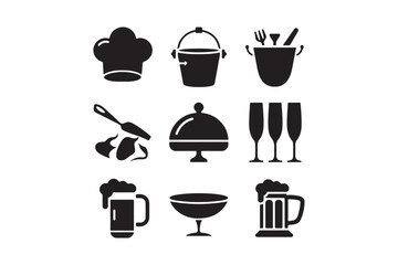 Restaurant and Kitchen Icon Set Chef, Cooking, Food, Drink, and Dining Symbols