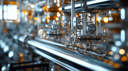 Fototapeta premium Industrial Pipes and Valves with Reflections in Modern Factory Setup