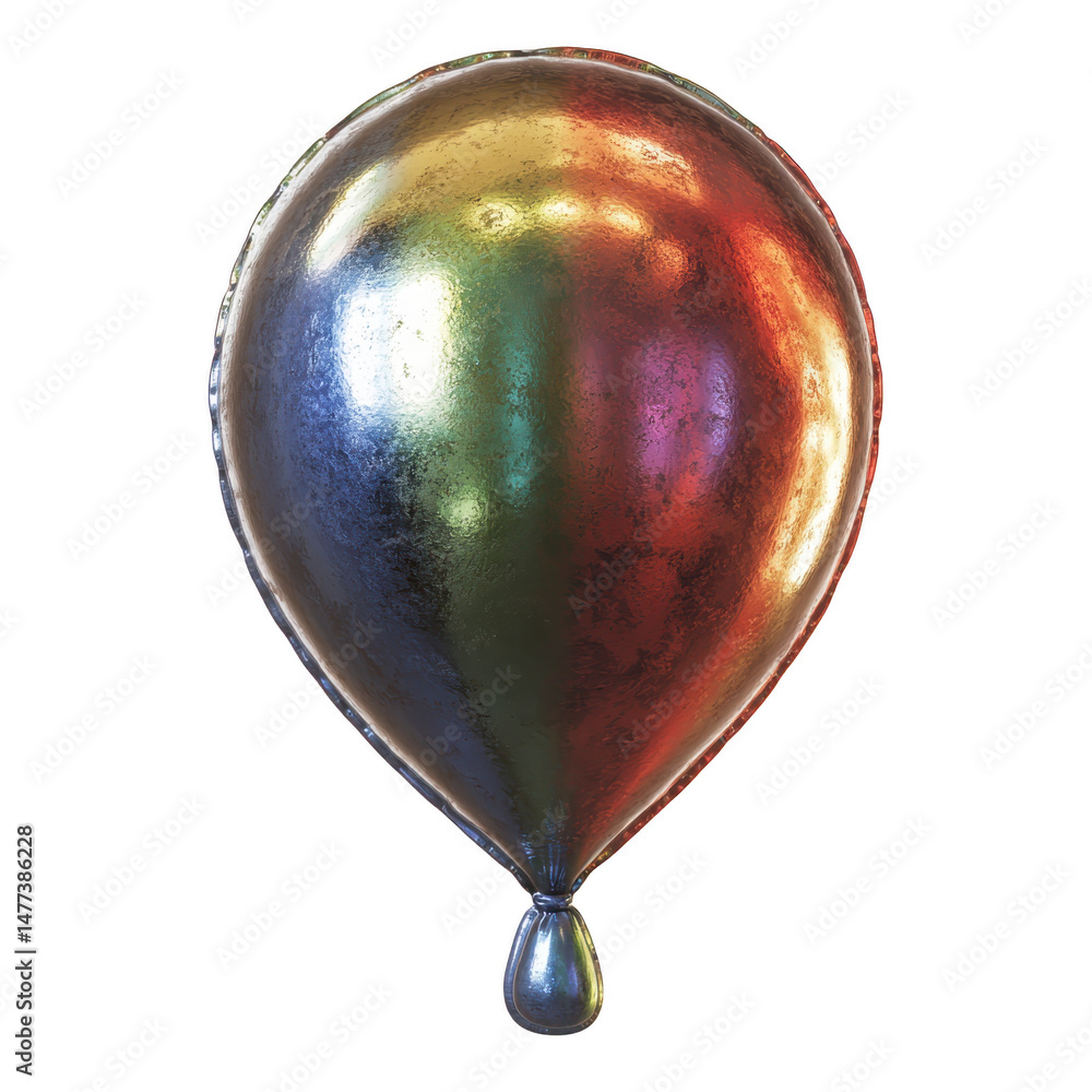 Poster shiny, multicolored balloon with metallic texture reflects light, creating vibrant and festive appea