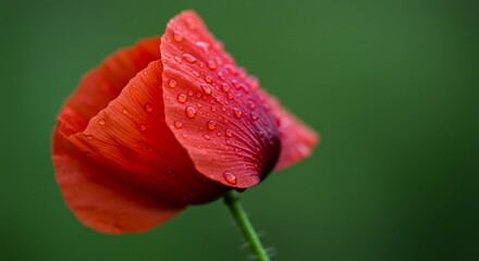 Red Flower with Water Droplets on Petals Against Green Background
