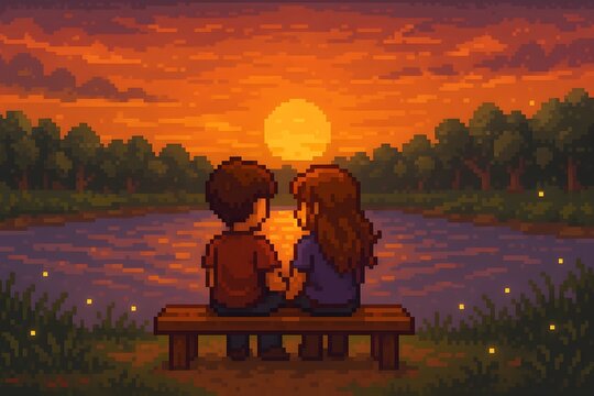 A pixel art scene of a couple sitting on a wooden bench by a serene lake, watching the sunset together, surrounded by calm waters and gentle trees, evoking a sense of nostalgia.