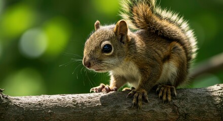 Obraz premium Adorable American Red Squirrel perched on a branch basking in sunlight pure nature beauty