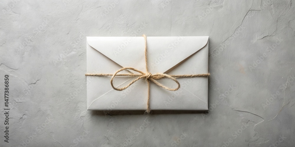 Poster a simple white envelope tied with rustic twine, resting on a textured surface