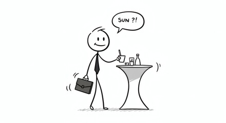 Obraz premium Stick Figure at Party Asks 'sun?' with Drink and Briefcase