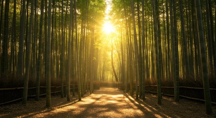 Naklejka premium Bamboo Forest Path with Sunlight