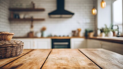 Selective focus, wood table top counter island and blur kitchen room background