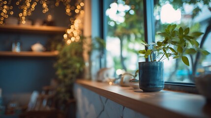 Selective focus, cozy counter bar kitchen wall window or living room with interior decoration