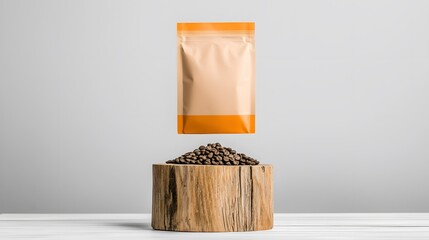 Floating Coffee Pouch Above Wooden Log on White Table