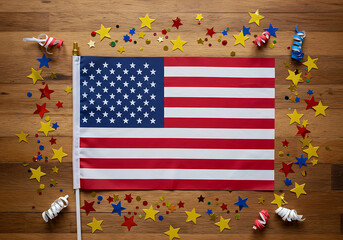 Obraz premium American Flag Surrounded by Festive Stars and Colorful Streamers on Wood Surface