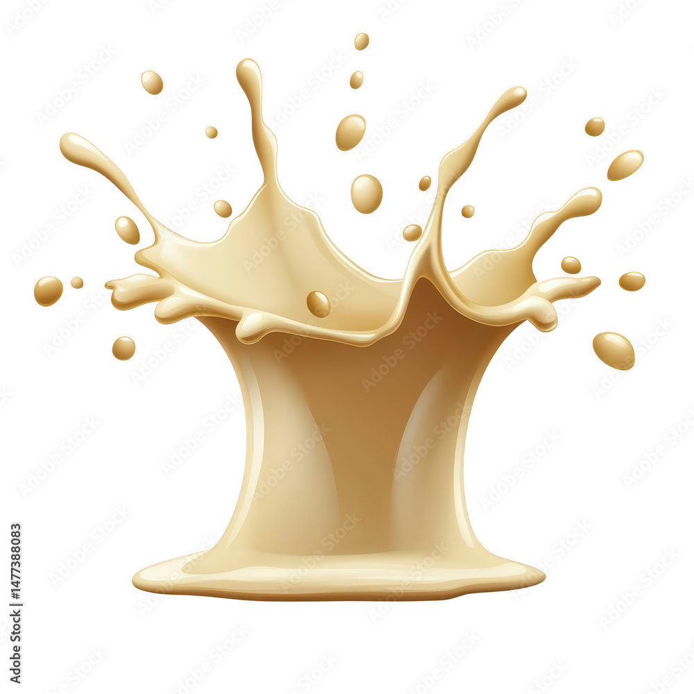 Poster splash of creamy liquid captured mid air, creating dynamic shapes and droplets. smooth texture and b