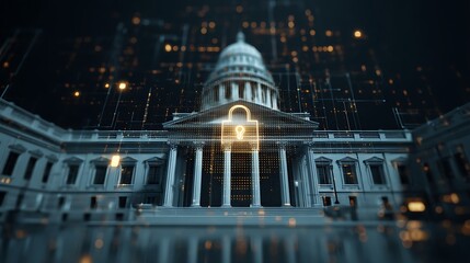 Secure government building with digital lock symbol