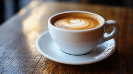 Fototapeta premium A cup of coffee with latte art on a wooden table.
