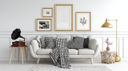 Scandinavian white room with design sofa, bookstand with accents, pillows, blanket, gramophone, and mock up picture frames is chic and inviting, white walls and a contemporary triangular lamp