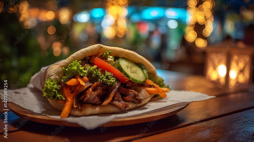 Poster savory doner kebab served in warm pita with fresh vegetables enjoyed at a local eatery in the evenin