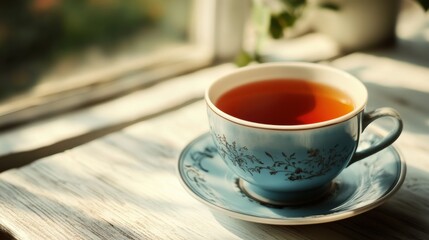 Obraz premium A cup of tea on a wooden table by a window, with steam rising.