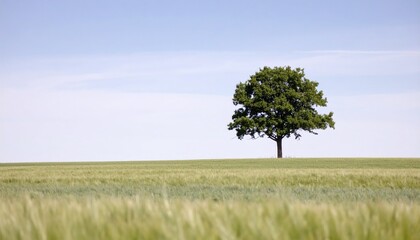 Obraz premium A large green tree stands alone in the middle of a wide grass field under a bright blue sky with white clouds. A calm and peaceful natural scene, ideal for environmental, summer or country themes.