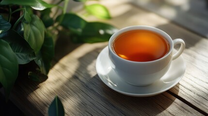 A cup of tea on a wooden table by a window, with steam rising.