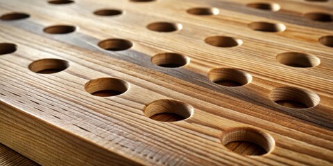 Detailed Close-up of a Rustic Wooden Board with Regularly Spaced Circular Cutouts