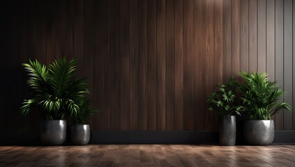 Fototapeta premium Dark wood wall, plants in grey pots, minimalist room