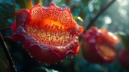 Tropical carnivorous plant in the jungle. Illustration on the theme of plants and the surrounding world, ecology and flowers.