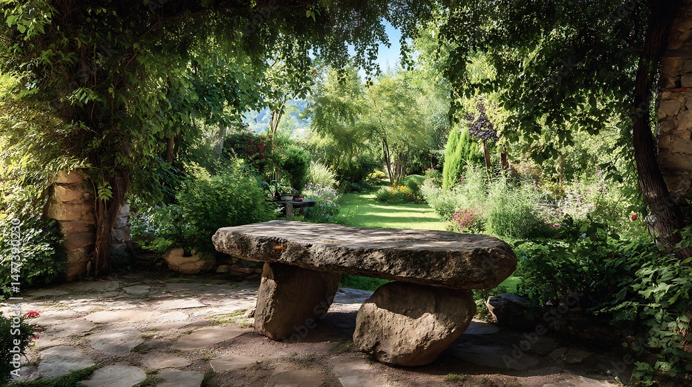Aufkleber Rustic elegance in nature, empty stone table in beautiful garden providing stunning background for design and display perfect for summer relaxation