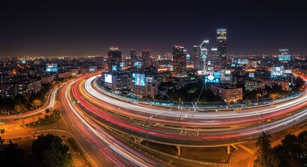 Fototapeta premium Dynamic urban scene showcases a vibrant cityscape with light trails at night