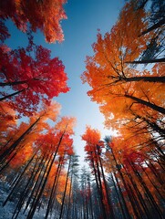 Obraz premium Looking Upward Through Trees With Autumn Colored Leaves