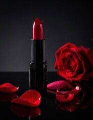Elegant red lipstick with scattered rose petals and a blooming red rose on a glossy black background, symbolizing beauty and romance.