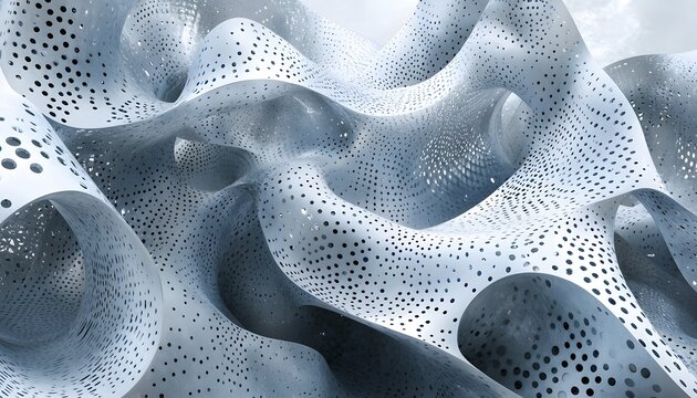 Abstract architectural design featuring flowing, perforated metal sheets.