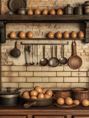 Rustic kitchen still life with eggs and vintage cooking utensils on shelves and countertop in warm light