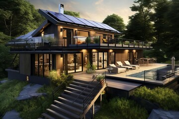 Modern two-story house with solar panels, pool, deck, balcony, and surrounding trees. Earthy tones dominate, with warm lighting.