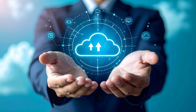 cloud storage illustration. glowing cloud in an open palm, surrounded by digital icons. Concept of cloud computing technology, online data storage, digital networking and technological innovation.