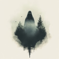 A mysterious hooded figure stands tall in a misty forest, its glowing eyes peering out from the shadows.