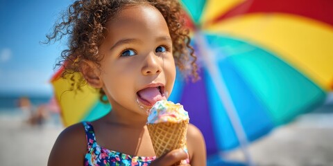 A joyful girl savoring an ice cream cone on a sunny beach day