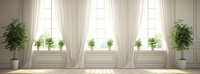 Fototapeta premium Classic white room with triple windows and potted plants