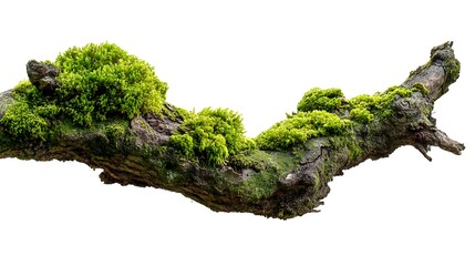 Rotten branch covered in green moss, isolated on white background