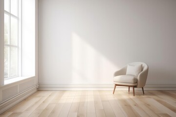 Bright, minimalist room. White walls, wood floor, large window and cream chair with pillow. Light streams across the wall.