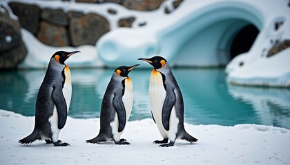 Obraz premium Three emperor penguins standing together on snow beside a icy water pool