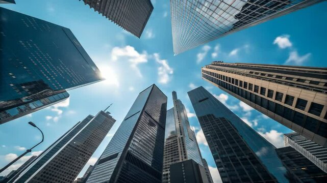 majestic skyscrapers towering into the sky with reflective glass surfaces and intricate architectural designs, set against a partly cloudy backdrop, capturing the grandeur of urban cityscapes in a dyn