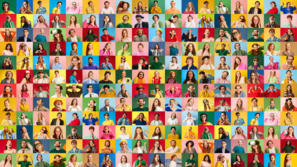 Large group of people of various races and styles expressing joy, amazement and fun over vivid...