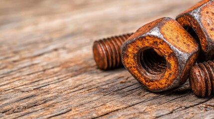 Macro shot of heavily rusted nuts and bolts resting on a rough wooden surface, emphasizing corrosion and industrial decay.
