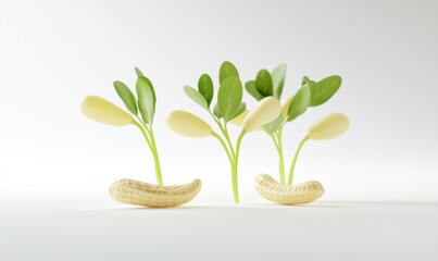 Cashew sprouts growing from shells, studio shot, white background, healthy food concept