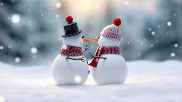 Two cheerful snowmen stand in a winter wonderland, adorned with hats and scarves, symbolizing holiday joy.