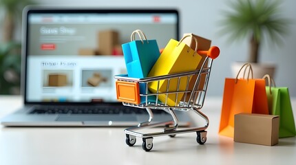 Online Shopping Experience Laptop with Shopping Cart and Bags