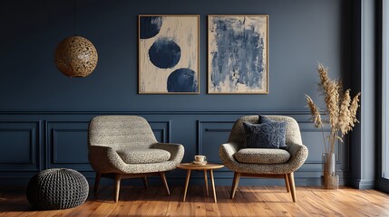 Retro mid century interior with navy blue and beige wall art in textured abstract style, cozy furniture