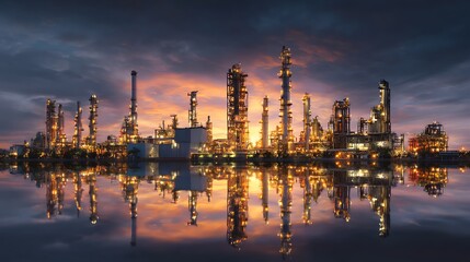 Naklejka premium Refinery plant at twilight with reflection in water, 3d render, oil refinery plant for crude oil industry in evening twilight, energy industrial machine for petroleum gas production background
