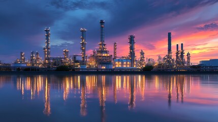 Fototapeta premium Refinery plant at twilight with reflection in water, 3d render, oil refinery plant for crude oil industry in evening twilight, energy industrial machine for petroleum gas production background