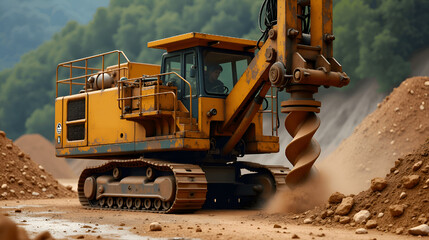 The gold drill machine is mounted on a tracked vehicle, equipped with a long rotating drill bit