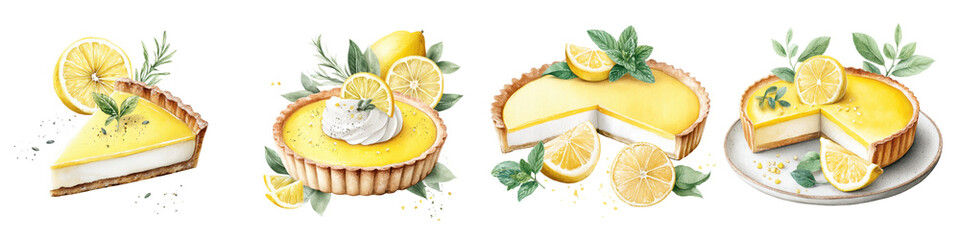 Delicious lemon tart slices with vibrant yellow filling, mint leaves, and fresh lemon garnishing, perfect for culinary presentations, dessert menus, or food blogs.